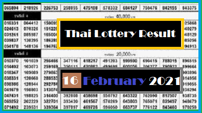 Thai Lottery Result 100% Winning Number 16 February 2021