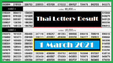Government Thailand Lottery Results Period 1 March 2021