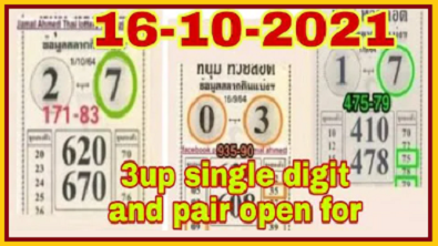 Thailand Lottery Live Tips 3up Single Digit Open 16/10/2021