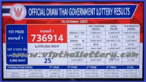 Official Draw Thai Government Lottery Results 16 October 2025