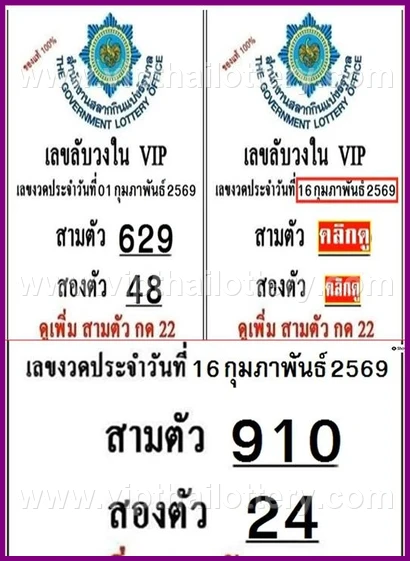 Thailand Lottery Today Thai Vip Tips 16 February 2026