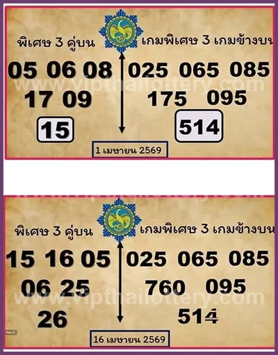 Thai Lottery Paper 3Up Set Winning Touch Sure VIP 16/04/2026