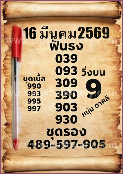 Thai Official Lottery VIP Direct Paper Winning 16 April 2026