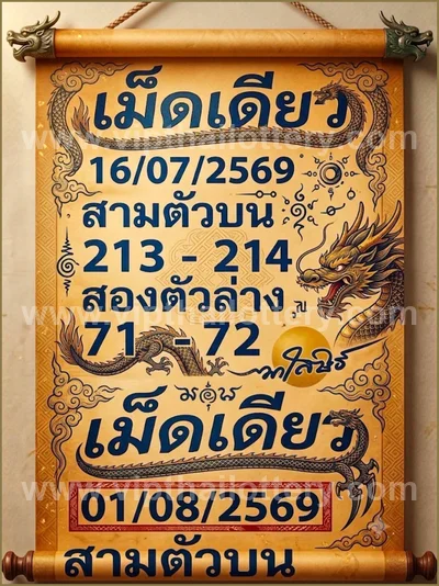 Thai Lottery Paper Touch Direct Tips Master Set 16-8-2026